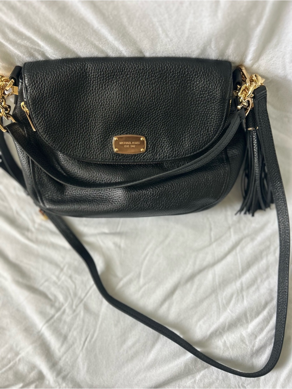 Michael Kors Black Pebbled Leather Crossbody with Gold Hardware and Tassel